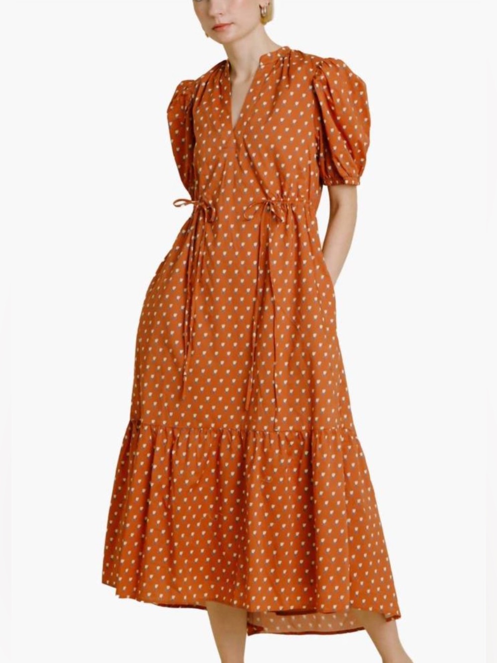 Aureum Midi Dress Small Tiered Pockets Lined Cottagecore Floral Burnt Orange